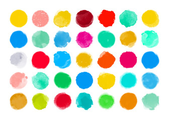 Set of colorful watercolor hand painted different shapes, stains, circles, blobs isolated on white background. Vector elements for design