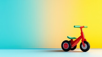 Colorful children's tricycle positioned on a minimalist background, evoking playful childhood memories