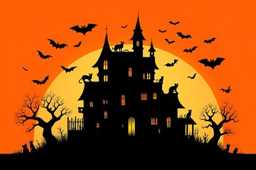 Spooky halloween haunted house silhouette with bats and black cats