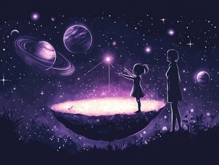 Dreamscape: Two Girls Connect with the Cosmos on a Glowing Island Amidst Stars, Planets, and Galactic Wonders, Sharing a Moment of Awe and Childhood Fascination