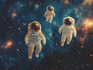 Exploring the Cosmos: A Trio of Astronauts in the Vastness of Space, Navigating the Celestial Canvas Among Stars and Distant Nebulae.