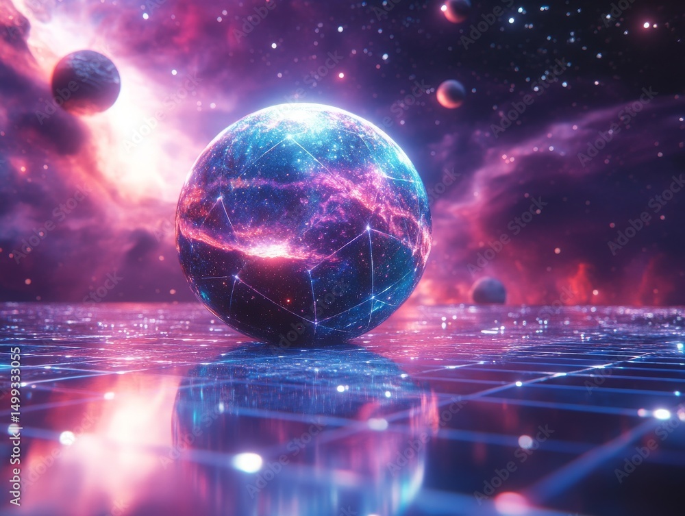 Poster nebula planet sphere on illuminated grid, a cosmic vision: glimpses of distant worlds and interstell