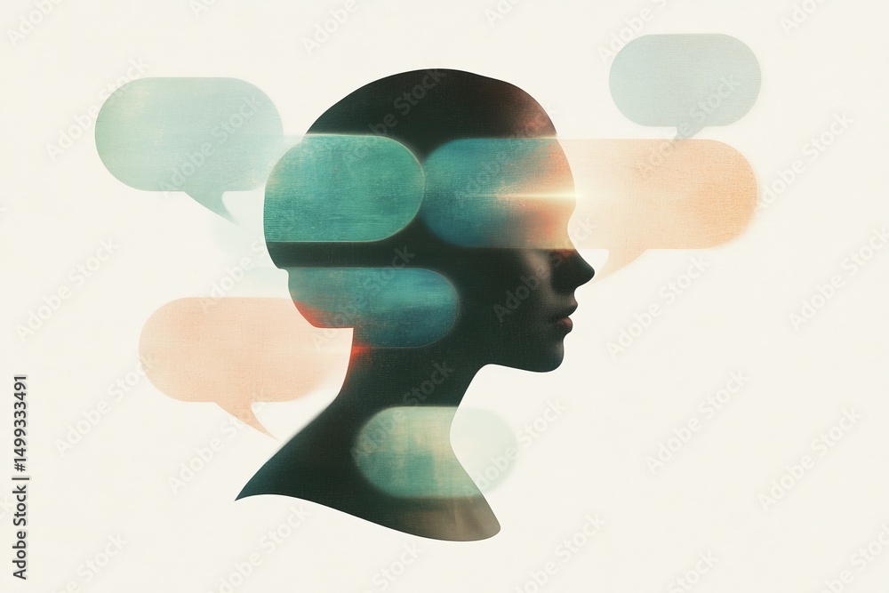 Poster conceptual profile silhouette with digital speech bubbles reflecting artificial intelligence communi