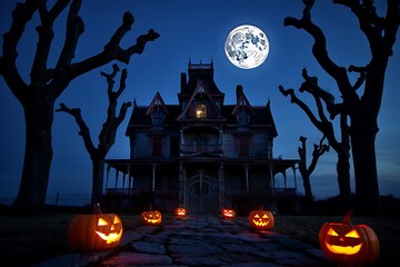 Spooky halloween night scene featuring a haunted house and pumpkins