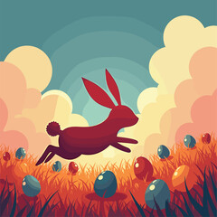 Joyful Easter: A Vector Bunny Leaps Through Abstract Shapes and Colorful Easter Eggs on a Vibrant Spring Field: Modern Graphic Art with Dynamic Silhouettes and Gradients. Perfect for Easter Designs,