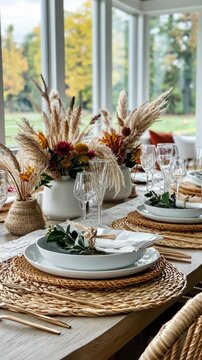 Elegant fall table setting with rustic decor and autumn floral centerpieces in sunlit dining room