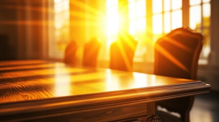 Warm sunlight streaming through large windows onto a polished wooden table in a cozy room