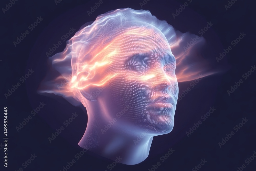 Poster futuristic ai chatbot icon with digital face in glowing abstract design