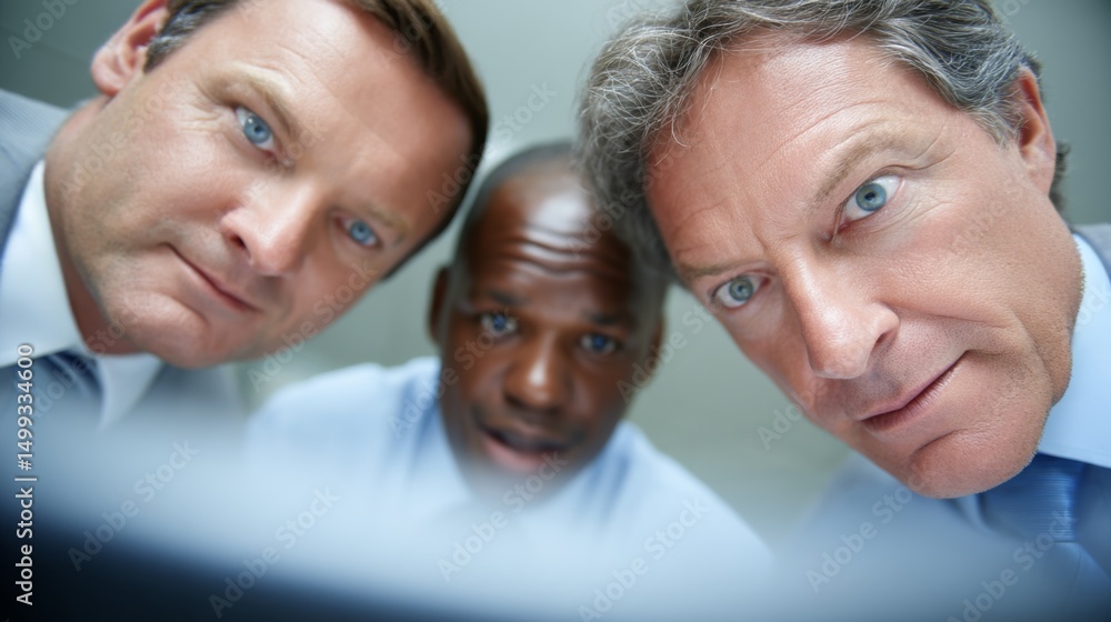 Aufkleber three men with focused expressions closely examining something in a professional setting