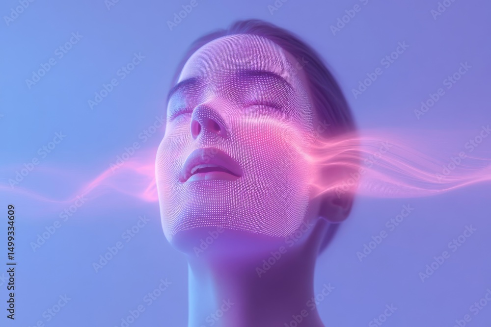 Aufkleber futuristic ai chatbot face with abstract neon wave and digital grid design