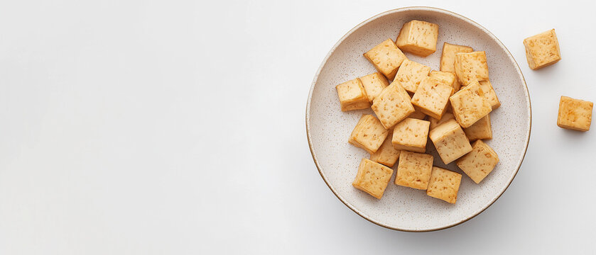Prato com tofu frito em fundo branco com imagem de espa&ccedil;o para texto