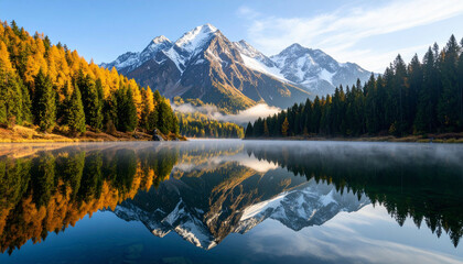 Obraz premium Snow-Capped Mountain Reflections in Autumn Forest Lake