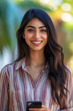 Estudante indiana de &aacute;rabe sorridente, de camisa casual, segurando o celular para aplica&ccedil;&atilde;o de trabalho online.