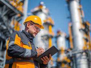 Construction Engineer Conducts Safety Inspection at Oil and Gas Facility While Verifying Industrial Processes with PPE