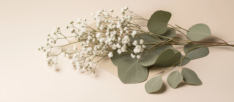 Modelo de convite de casamento com eucalipto natural e galhos de gips&oacute;fila branca
