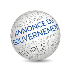 French government announcement concept sphere with public speech and political keywords