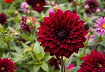Deep burgundy dahlia, richly textured petals, surrounded by other dahlias and lush green foliage,  dahlia bloom,  flower details