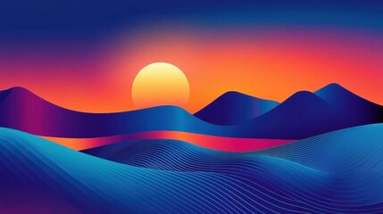 Vibrant sunset over rolling hills with wavy patterns and a serene lake reflecting colors