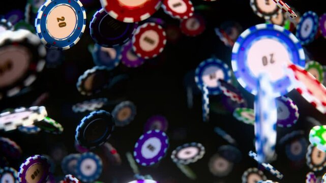 Lots of flying casino chips on a black background. A big win. The jackpot. 4K 3D loop animation