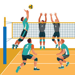 Flat Design Volleyball Action Scene in Vector Style.