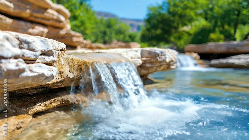 Poster waterfall cascading over rocks into clear stream