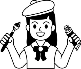 black and white illustration of a girl holding a paintbrush and a tube of paint