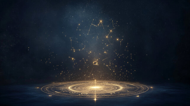 Celestial harmony with glowing cosmic wheel constellation on starry night sky