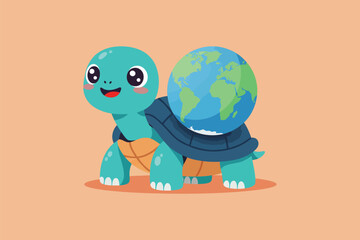 Cute Turtle with World Shell Cartoon Vector Icon Illustration