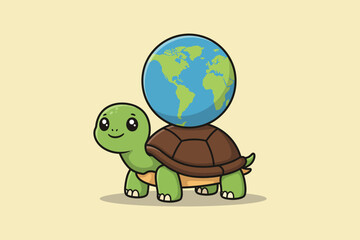 Cute Turtle with World Shell Cartoon Vector Icon Illustration