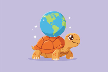 Cute Turtle with World Shell Cartoon Vector Icon Illustration