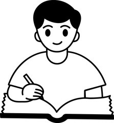 black and white illustration of a boy writing in a book
