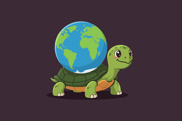 Turtle with World Shell Cartoon Vector Icon Illustration