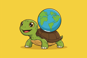 Cute Turtle with World Shell Cartoon Vector Icon Illustration