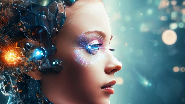 Portrait of a woman symbolically turning into virtual human, virtual character, or digital clone, using computer-generated from the real persona. AI artificial intelligence