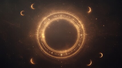 Naklejka premium Celestial harmony design featuring a mystical orb surrounded by golden crescent moons and stars