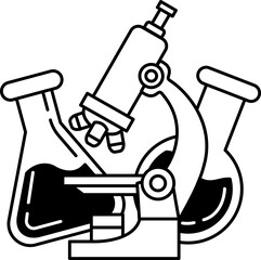 black and white illustration of a microscope with a test tube and a beaker