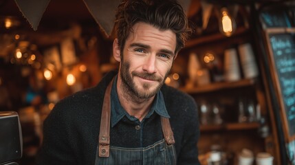 Handsome barista serving at a mobile coffee cart with shallow depth of field, great for coffee shop marketing or barista training materials