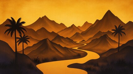 Serene sunset over a winding river with silhouetted mountains and palm trees in the foreground
