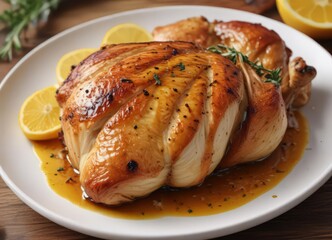 Crispy roasted chicken breast, glistening, citrus marinade, white plate ,  food,  natural,  photography