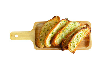 Garlic bread on wooden plate isolated on white background, Cooking concept.
