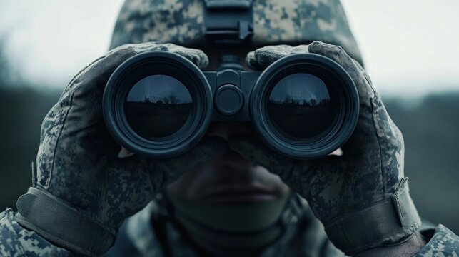 Observing the field, soldier using binoculars for reconnaissance and tactical operations