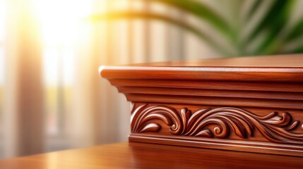 Close-up of intricately carved wooden furniture highlighting craftsmanship in a sunlit room