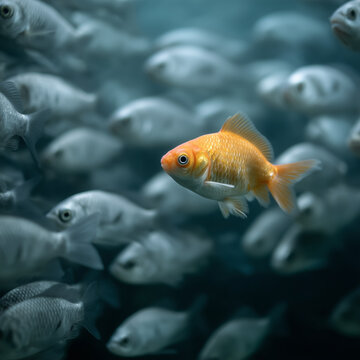 ein einzelner gold oranger goldfisch schwimmt im schwarm mit vielen grauen Ein einzelner Gold oranger Goldfisch schwimmt im Schwarm mit vielen grauen anderen Fischen 