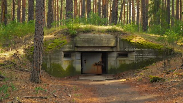 Weathered communication bunker in forest