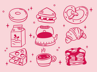 Coquette hand drawn breakfast elements including croissant, sandwich, coffee, and pancake on pink background.