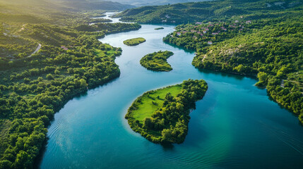 Fototapeta premium Beautiful aerial view of a river with multiple paths and meanders surrounded by green trees and vegetation
