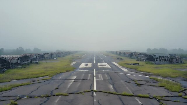 Abandoned airbase runway with scattered debris