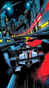 A graphic comic style animated video from behind a Formula 1 car, racing through a futuristic city at night with sharp lines, glowing red and yellow light trails, and a dynamic sense of motion