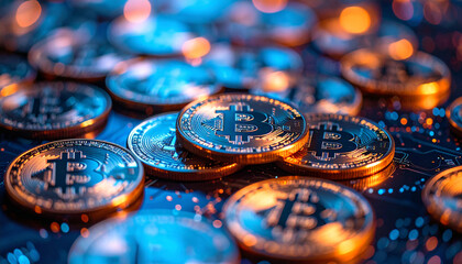 Concept of virtual currency and investment. Glowing Bitcoin.