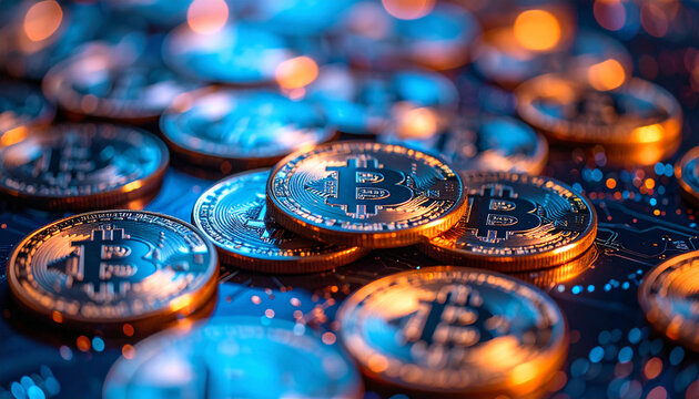 Concept of virtual currency and investment. Glowing Bitcoin.